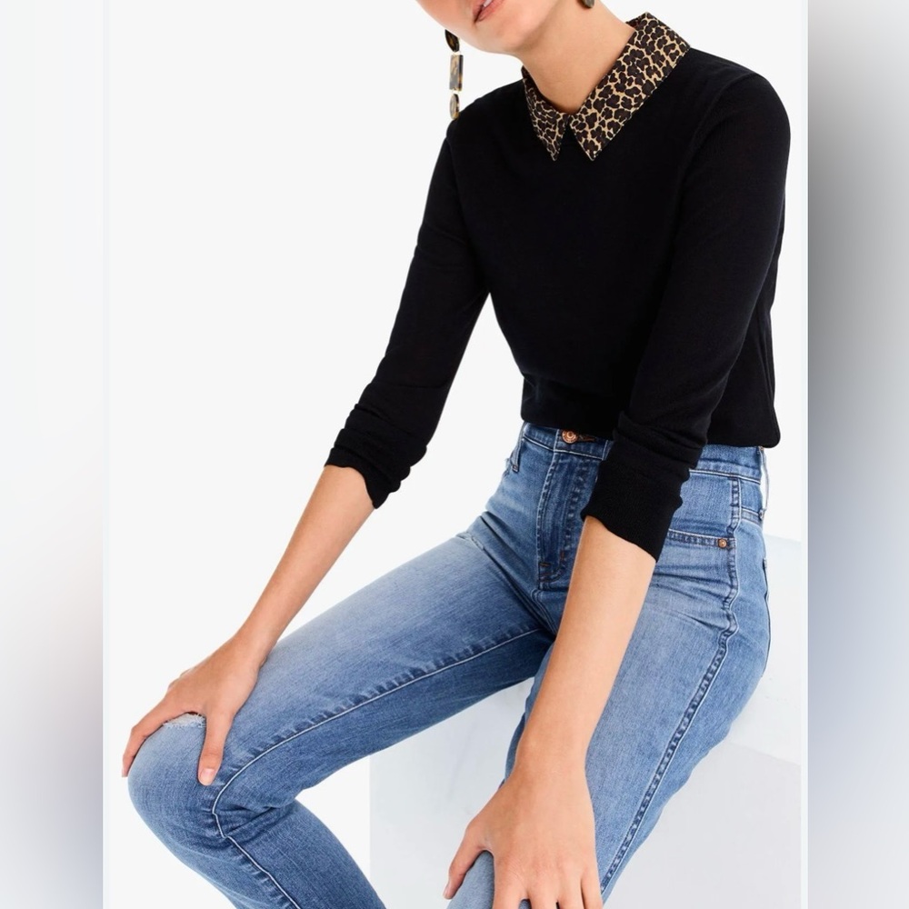 New J. Crew Leopard Print Collared Waffle Knit Sweater In Black Size M
